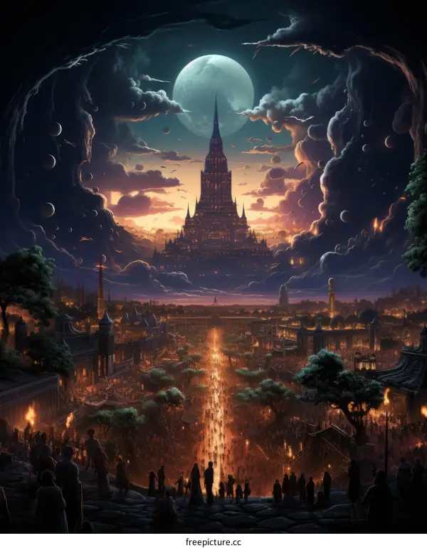 A fantasy city with a large tower in the distance and a crowd of people in the foreground