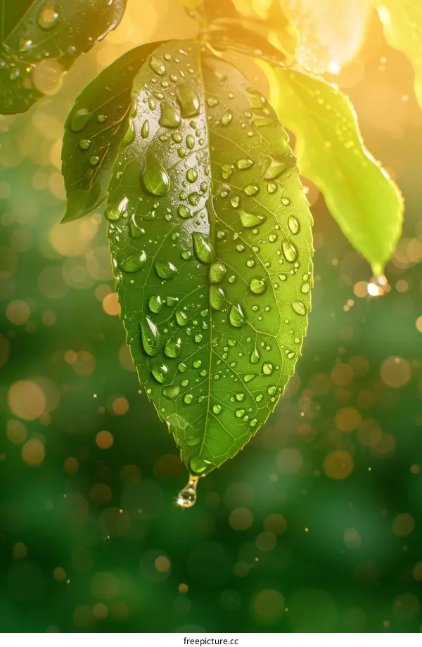 Raindrops on a leaf with blurred background
