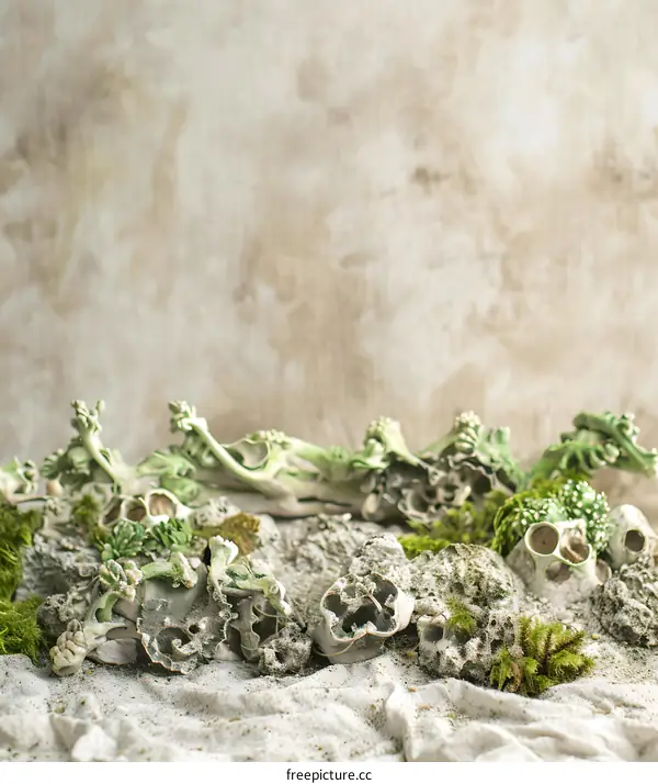 Green Moss And White Bones On White Sand