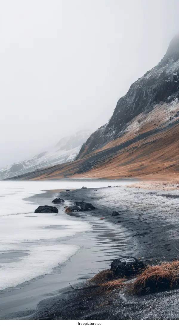 Black sand beach in Iceland with large rock formations in foreground and mountains in background