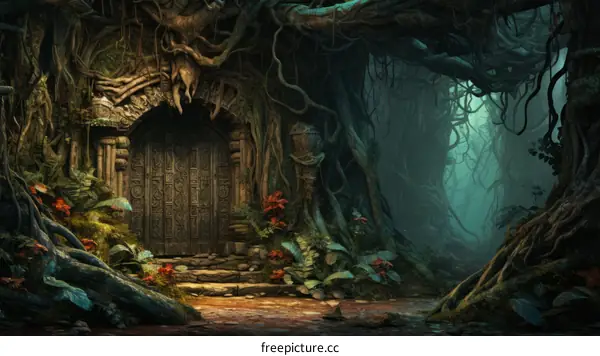 A Wooden Door in a Verdant Jungle