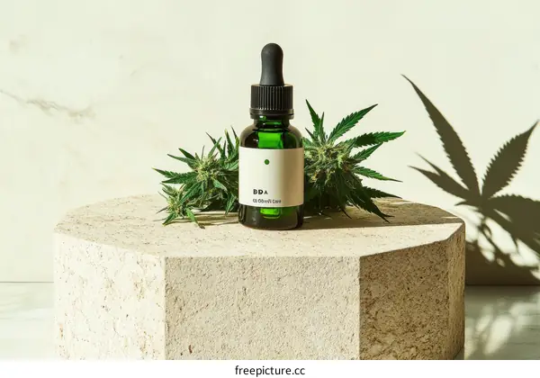 CBD Oil Dropper Bottle on Display Stand with Cannabis Plant
