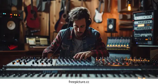 Male audio engineer working at mixing console in sound recording studio