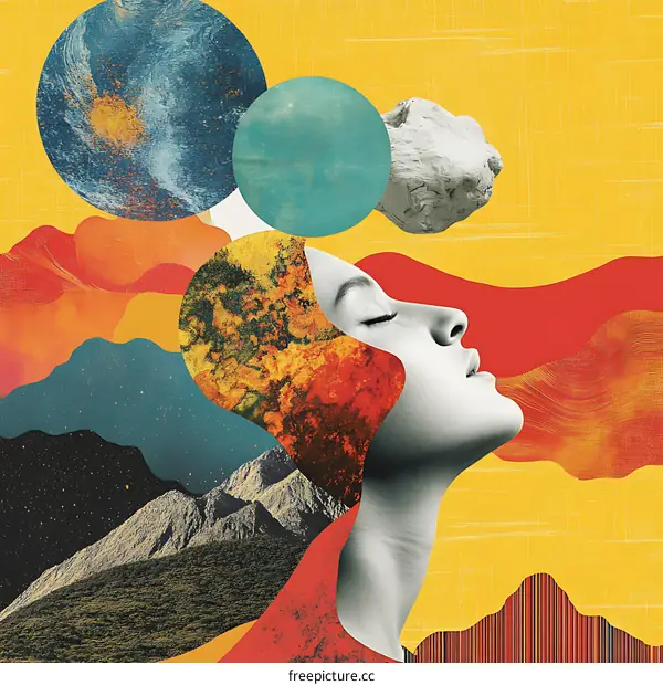 Abstract Art Collage With Woman Face And Planets