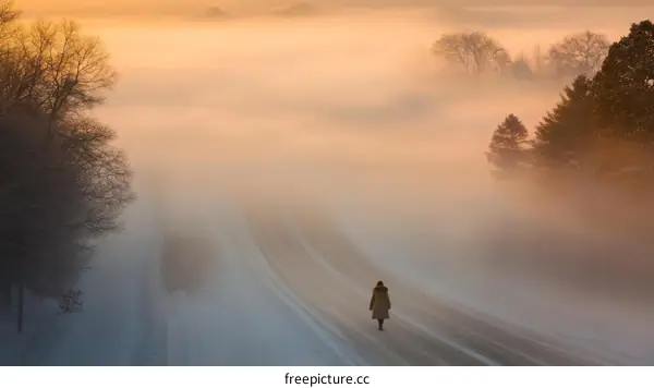 Winter Foggy Road With Person Walking