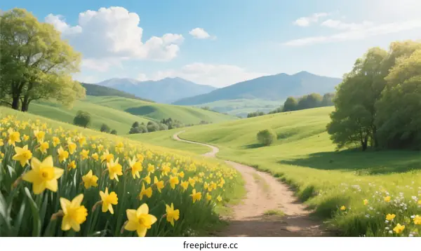 Scenic Spring Landscape with Daffodils and Winding Path