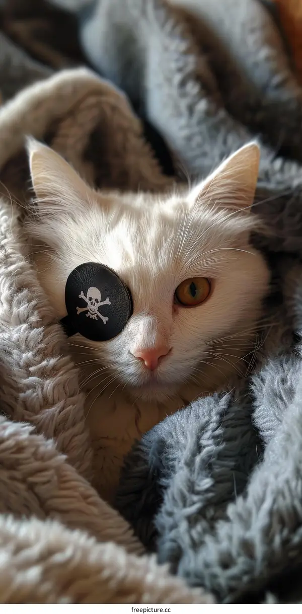 A white cat wearing an eye patch with a skull and crossbones on it