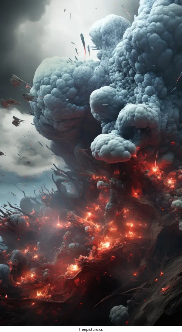 Fantasy landscape with a stormy sky and a volcano