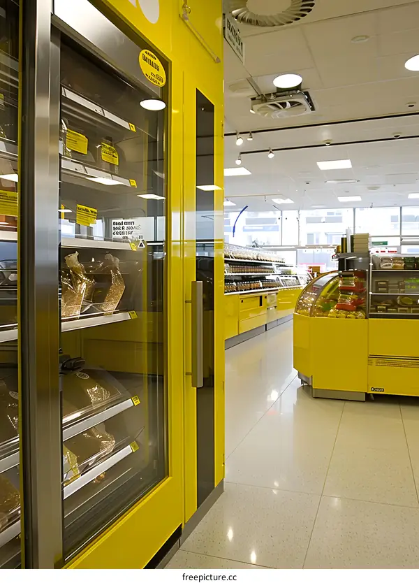 Yellow Refrigerated Display Case in a Modern Grocery Store