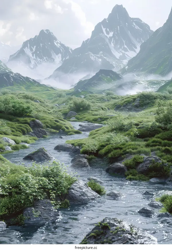 Serene Mountain Stream Amidst Lush Greenery