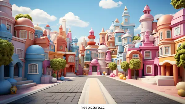 A street in a cartoon town with colorful houses and blue sky