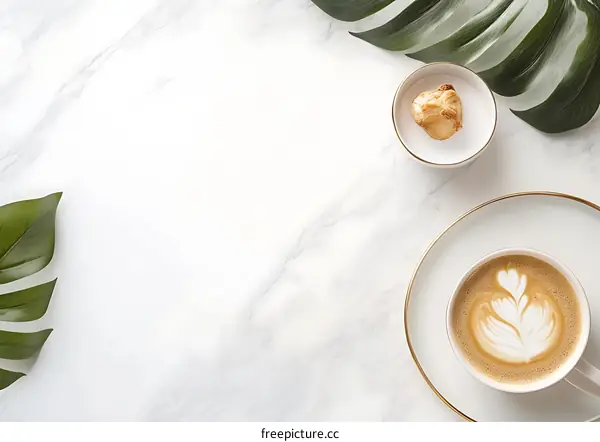 Flatlay of Coffee Cup and Pastry on Marble Background with Green Leaves