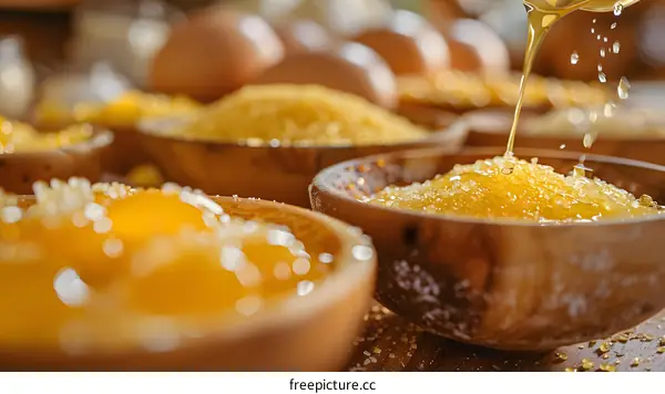 Golden Syrup Pouring into Wooden Bowl with Sugar