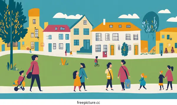 Family and Friends Walking Together in a Small Town