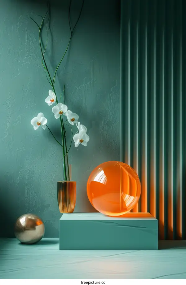 Modern Floral Still Life with Orange Sphere