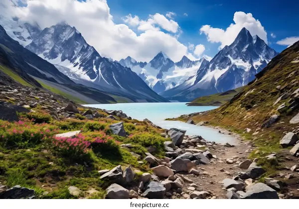 Panoramic landscape with snow topped mountains and clear blue lake in the foreground