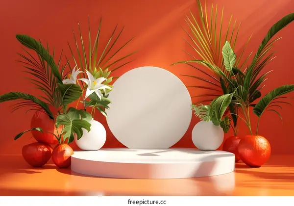 White Cylinder Podium With Plants and Pumpkins on Orange Background