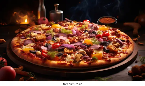 Vegetarian pizza with olives, red onion and mushrooms