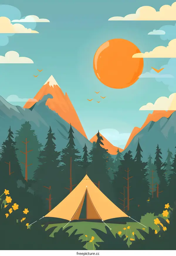 Mountain Camping Illustration With Tent In Forest