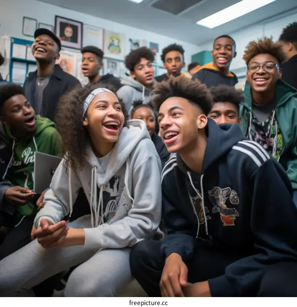 A group of African-American teenagers are sitting in a classroom laughing.
