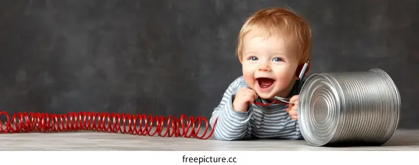 Joyful Baby with Tin Can Telephone