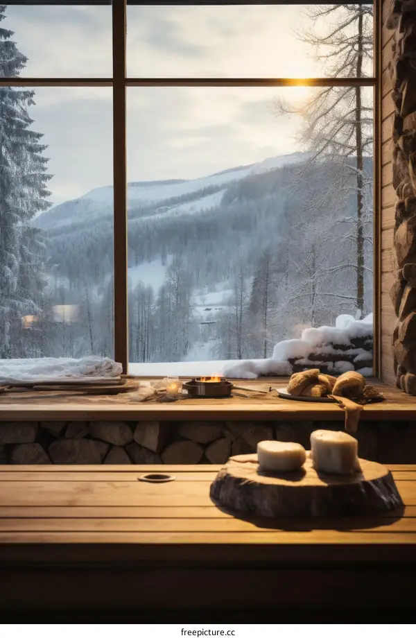 Scenic view of snow-covered mountain landscape seen through a wooden cabin window
