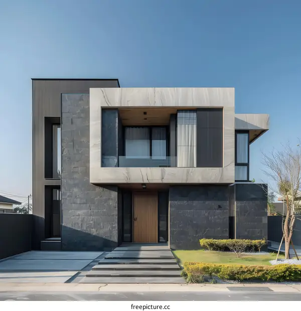 Modern Minimalist House with Black Stone Facade and Wooden Door