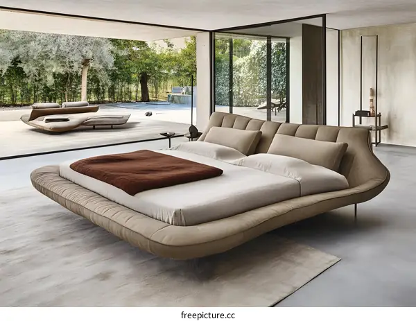 Modern Leather Bed with Curved Design and View of a Garden