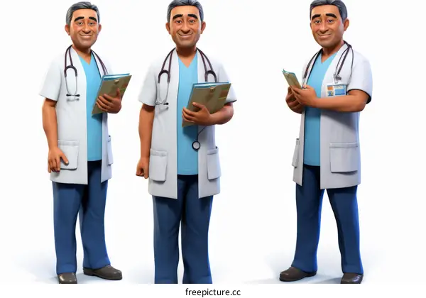 Three male doctors of different ethnicities wearing lab coats and stethoscopes
