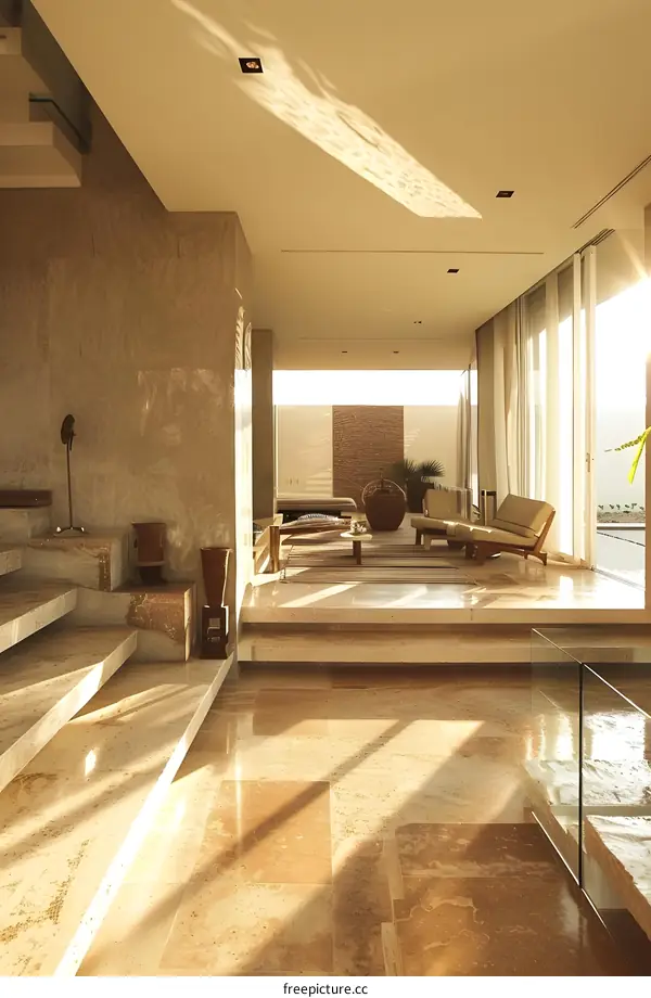 Modern Interior Design with Stone Stairs and Sunlight