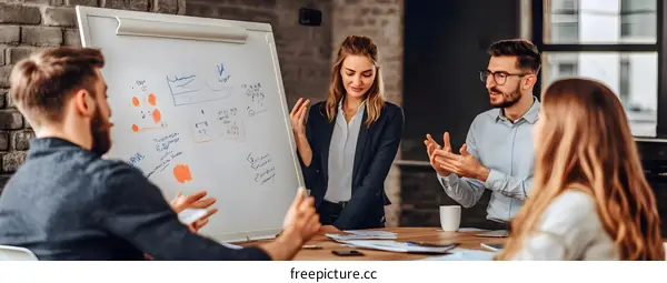 Business Team Meeting with Whiteboard Presentation