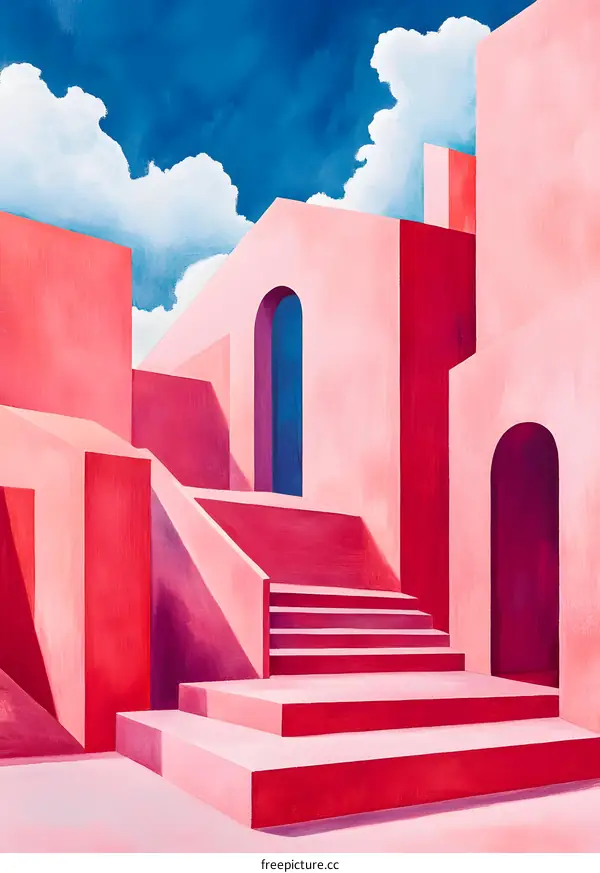 Abstract Pink Building with Stairway and Archway
