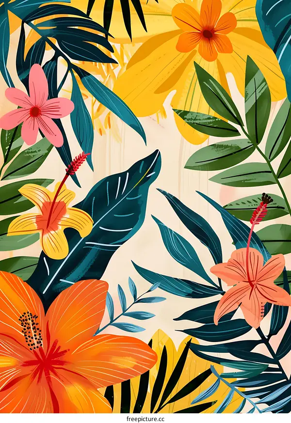 Tropical Flower and Leaf Background Illustration