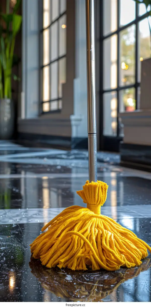 Yellow Mop Cleaning Wet Floor in Hotel Lobby