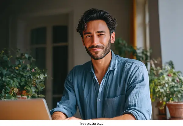 Casual Man Working on Laptop Indoor