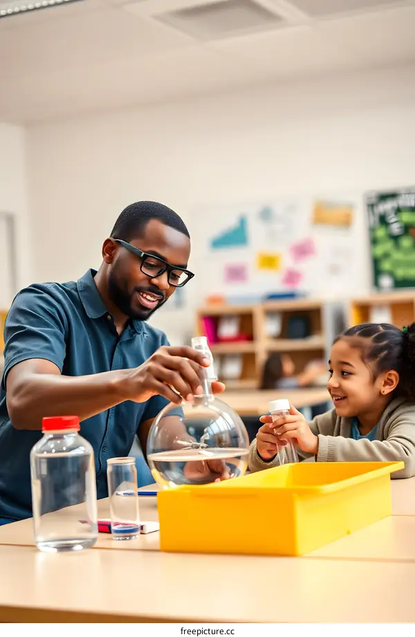African American Teacher and Young Student Conducting Science Experiment in Classroom