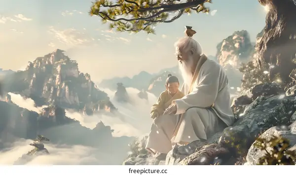Two Chinese Men Sit On Mountaintop In Peaceful Setting