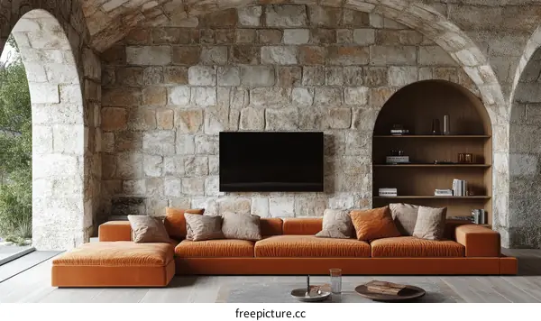 Rustic Living Room with Stone Walls and Orange Sofa