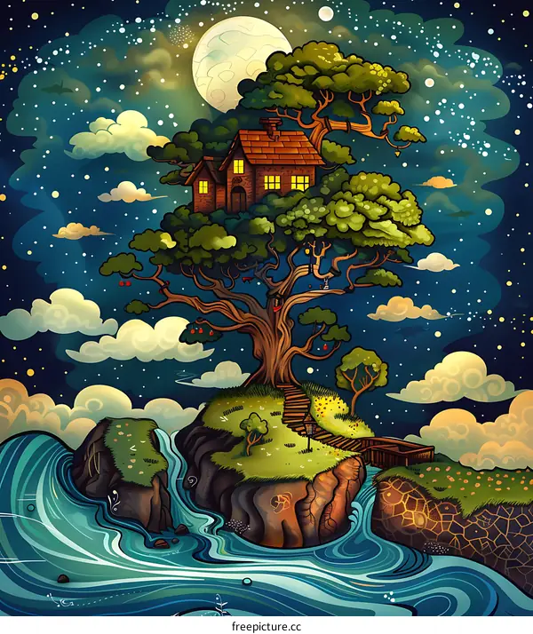 Treehouse on an Island at Night