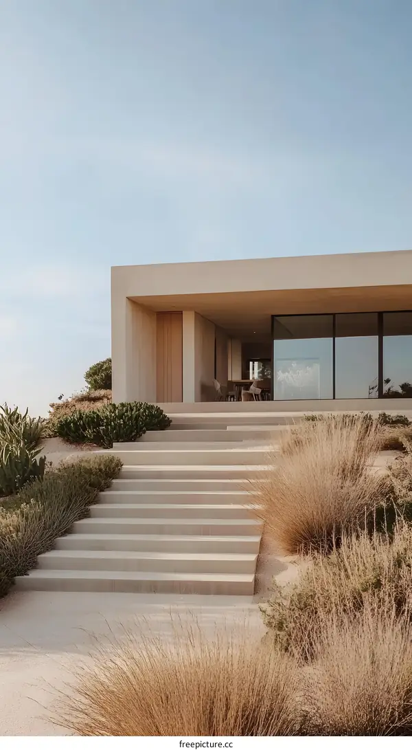 Minimalist Modern Home with Stone Steps and Grass Landscape