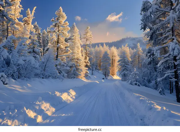 Snow Covered Forest Road at Sunset