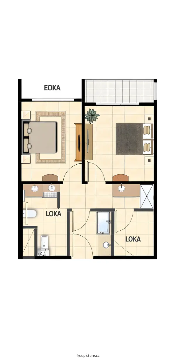 Modern Apartment Floor Plan Design With Two Bedrooms And Two Bathrooms