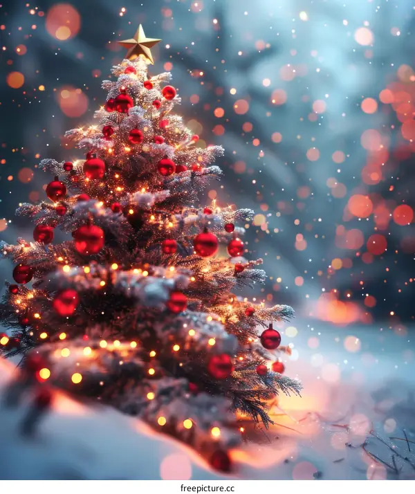 Christmas tree with red ornaments and a gold star on top