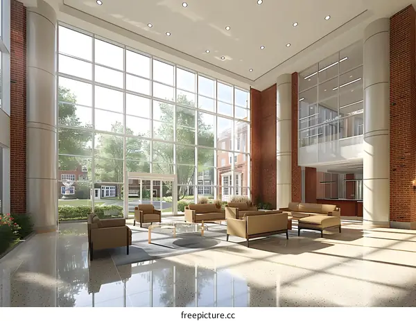 Office interior with large windows and brick columns