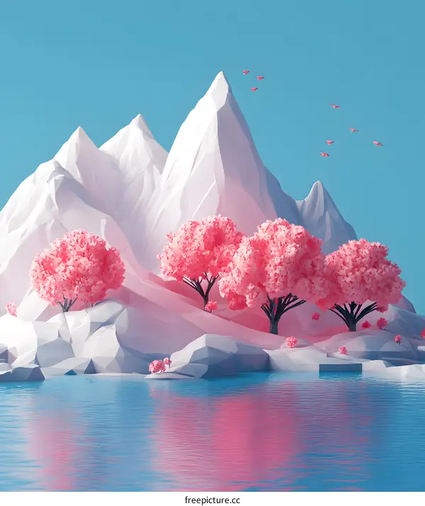 Low Poly Mountain Landscape With Pink Trees And Blue Sky