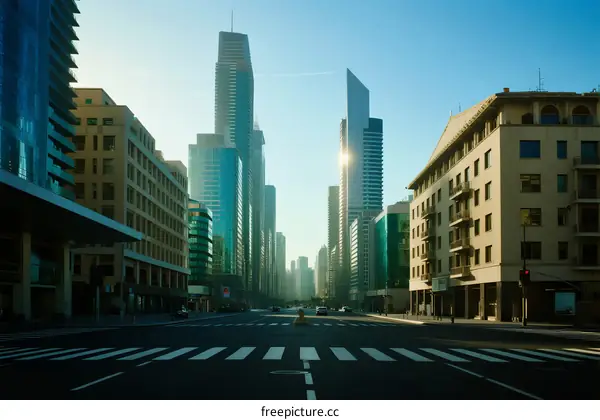 Modern cityscape with tall skyscrapers under clear blue sky