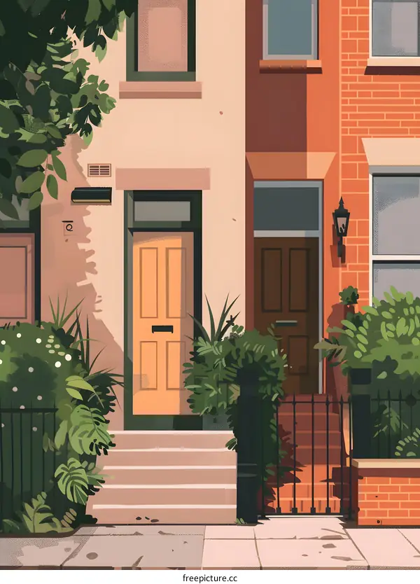 Illustrated Front Doors of Two Houses With Greenery