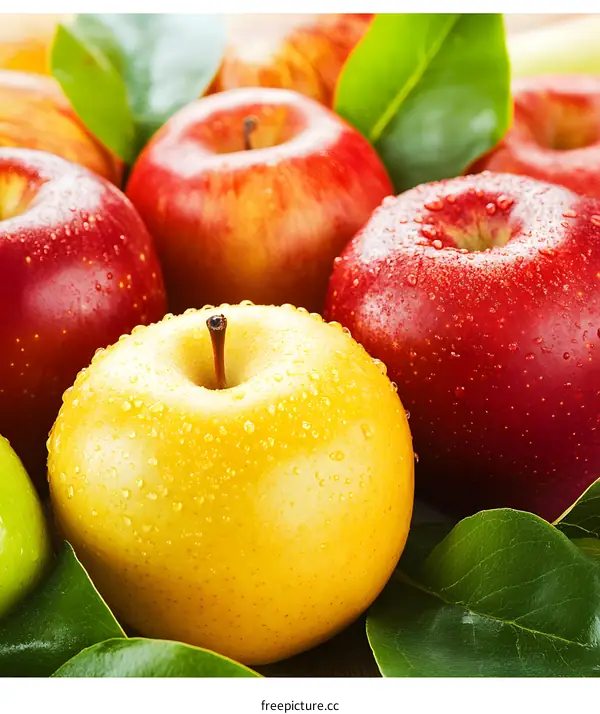 Fresh Ripe Yellow And Red Apples With Green Leaves