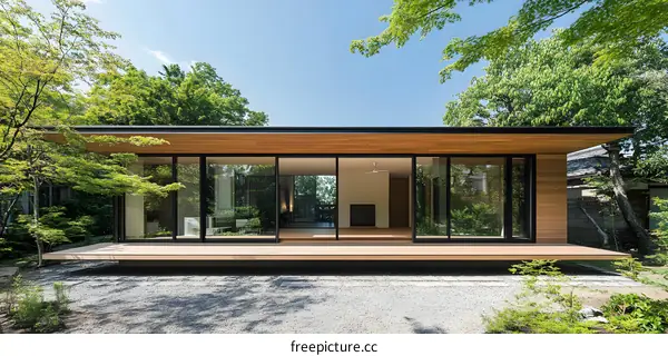 Modern House with Large Glass Windows and Wooden Deck