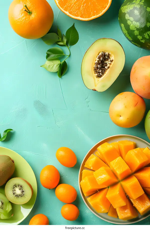 Fresh Tropical Fruit Mix on Blue Background